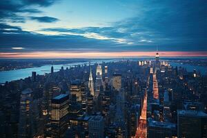 ai généré Nouveau york ville Manhattan Midtown horizon avec Empire Etat bâtiment à coucher de soleil, aérien vue de une blé champ avec arable terre et Labyrinthe, ai généré photo