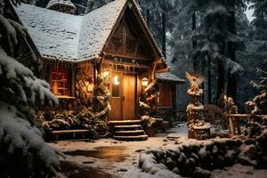 ai généré en bois maison dans le forêt dans l'hiver. Noël et Nouveau année concept, ai généré photo