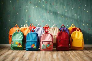 ai généré coloré école Sacs sur en bois étagère contre bleu pièce avec en bois sol, coloré enfants sacs d'école sur une en bois sol, sacs à dos avec école accessoires, ai généré photo