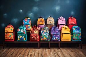 ai généré groupe de coloré école sacs à dos permanent dans de face de une tableau noir, coloré enfants sacs d'école sur une en bois sol, sacs à dos avec école accessoires, ai généré photo