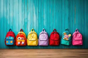 ai généré coloré école Sacs sur en bois étagère contre bleu pièce avec en bois sol, coloré enfants sacs d'école sur une en bois sol, sacs à dos avec école accessoires, ai généré photo
