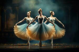 ai généré Trois gracieux ballerines dans blanc et bleu tutu dansant sur foncé arrière-plan, une trio de gracieux ballet danseurs dans milieu pose, ai généré photo