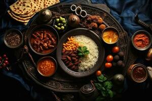ai généré Rajasthani nourriture, traditionnel Indien repas servi dans une bol, délicieux nourriture pour une Ramadan le banquet sur le tableau, Haut voir, ai généré photo