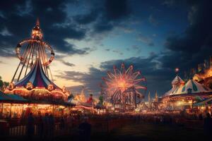 ai généré amusement parc dans le soir. carrousels et champ de foire monte, coloré été carnaval à crépuscule, ai généré photo