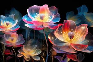 ai généré magnifique lotus fleurs sur noir arrière-plan, fermer de photo, numérique La technologie transparent coloré fleurs dans abstrait graphique, ai généré photo