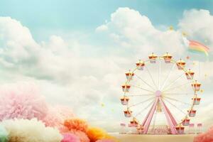 ai généré coloré carnaval Contexte avec ferris roue, des nuages et arc-en-ciel, une espiègle carnaval avec duveteux coton bonbons des nuages et coloré ferris roue, ai généré photo