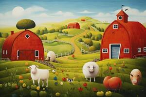 ai généré ferme paysage avec rouge Grange, des moutons et des œufs - illustration pour enfants, une mignonne ferme paysage avec culbuto animaux et une brillant rouge Grange, ai généré photo