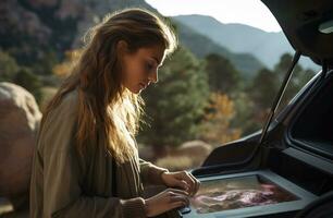 ai généré une femme ouverture le tronc de une voiture tandis que en voyageant photo