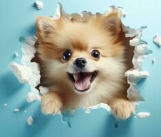 ai généré mignonne chien poméranien à la recherche en dehors de une trou dans le mur, photo