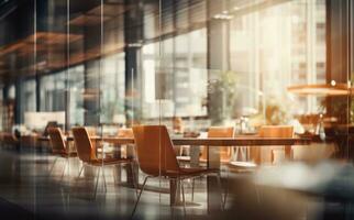 ai généré flou des bureaux avec verre les fenêtres et chaises, photo