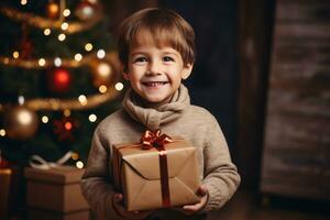 ai généré mère et fils avec Noël présent dans le parc avec présent emballage photo