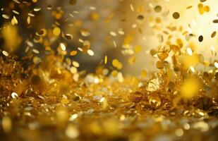 ai généré Jaune d'or fête confettis avec or confettis sur il, photo