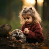 ai généré une curieuse peu fille pairs dans merveille à une minuscule et flou bébé hérisson repos dans sa mains. photo