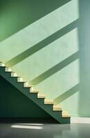 ai généré une en bois escalier avec une vert affiche près le escaliers, photo