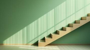 ai généré une en bois escalier avec une vert affiche près le escaliers, photo