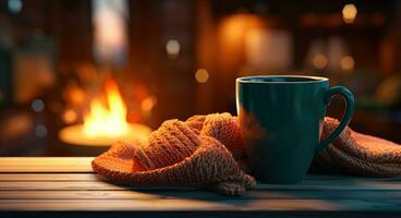 ai généré tasse de café et tricoté écharpe sur une en bois table dans près de face de cheminée à hiver photo