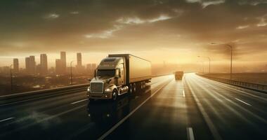 ai généré une semi un camion traversée une Autoroute dans lumière coucher de soleil, photo