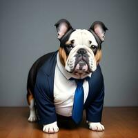 ai généré homme d'affaire avec un Anglais bouledogue chien tête dans une costume. isolé Contexte. anthropomorphe animaux. photo