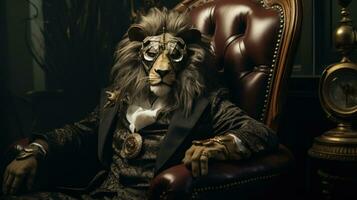 ai généré une homme dans une Lion costume séance dans une chaise, photo