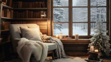 ai généré une en train de lire coin avec une confortable fauteuil et une étagère à livres rempli avec sur le thème de l'hiver lit, photo