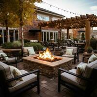 ai généré un Extérieur patio avec une Feu fosse et confortable sièges, photo