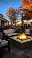 ai généré un Extérieur patio avec une Feu fosse et confortable sièges, photo