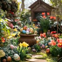 ai généré une coloré jardin réglage avec Pâques des œufs caché parmi le fleurs. photo