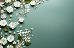 ai généré une rond de blanc fleurs entouré par feuilles sur une bleu tableau, photo