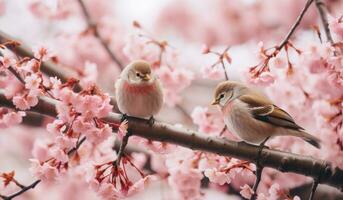 ai généré des oiseaux sur le branche contre Cerise fleur fleurs, photo