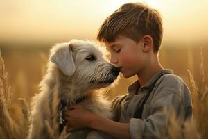ai généré une Jeune garçon baisers le sien chien dans le champ, photo