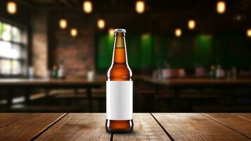 ai généré Bière bouteille avec Vide devant, réaliste sur une maquette modèle dans une en bois table dans une irlandais pub photo