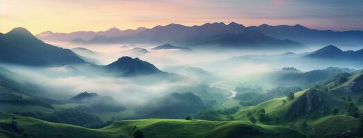 ai généré brouillard et une Montagne Haut à coucher de soleil, photo