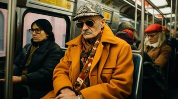 ai généré Hommes habillé dans hiver manteaux et noir casquette sur une Publique transport, photo