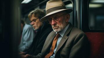 ai généré vieux Hommes sur une train et Chapeaux sur leur tête photo