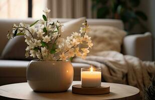 ai généré fleurs et bougies dans une pot sur une table dans vivant chambre, photo