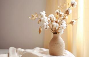 ai généré cette Stock vidéo est concentré sur une vase avec différent coton fleurs photo