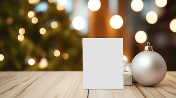 ai généré blanc papier étiquette avec Vide devant, réaliste sur une maquette modèle dans une blanc table photo