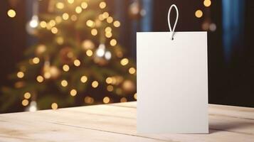 ai généré blanc papier étiquette avec Vide devant, réaliste sur une maquette modèle dans une blanc table photo