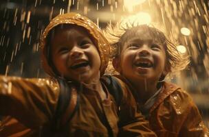 ai généré deux les enfants jouer dans le pluie dehors, photo