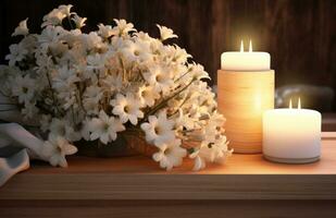 ai généré avec blanc fleurs, bougies et une bougie dans une en bois vase, photo