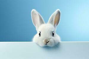 ai généré Pâques lapin furtivement en dehors de une bleu étagère photo