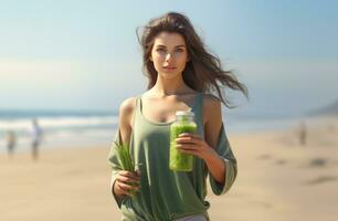 ai généré fille en buvant une vert jus sur le plage photo