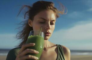 ai généré fille en buvant une vert jus sur le plage photo