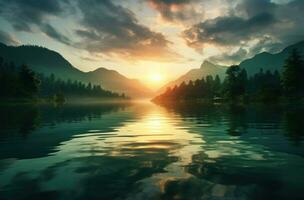 ai généré lever du soleil plus de vert montagnes à le Haut sur le lac, photo