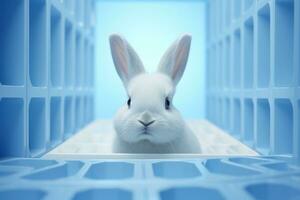 ai généré blanc lapin furtivement à quelque chose par une bleu Contexte photo