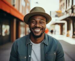 ai généré une noir homme dans une chapeau visages en haut à le caméra et essaie à sourire photo