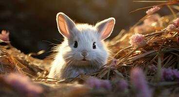 ai généré une blanc lapin derrière une pile de herbe photo