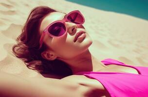 ai généré une femme avec des lunettes de soleil est pose en dehors sur le plage photo