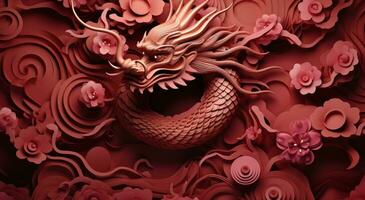 ai généré un abstrait rouge dragon entouré par papier décor photo