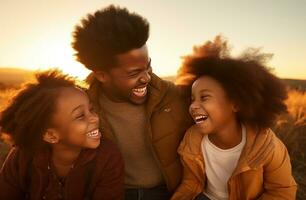 ai généré un africain américain famille en riant ensemble à le coucher du soleil photo